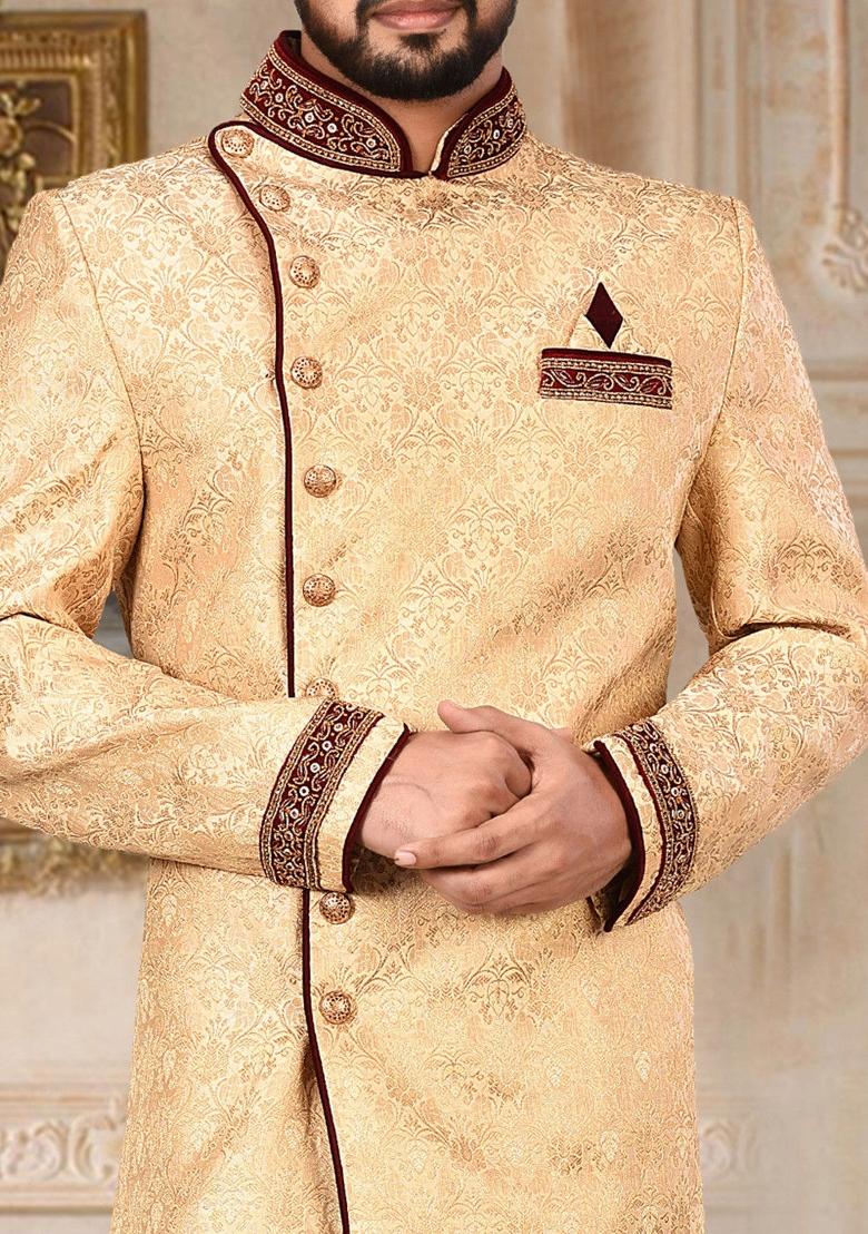 Gold Embroidered Jamewar Indo Western Sherwani For Men