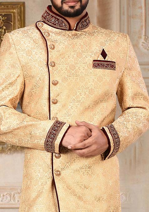 Gold Embroidered Jamewar Indo Western Sherwani For Men