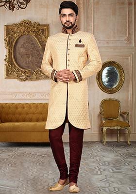 Gold Embroidered Jamewar Indo Western Sherwani For Men