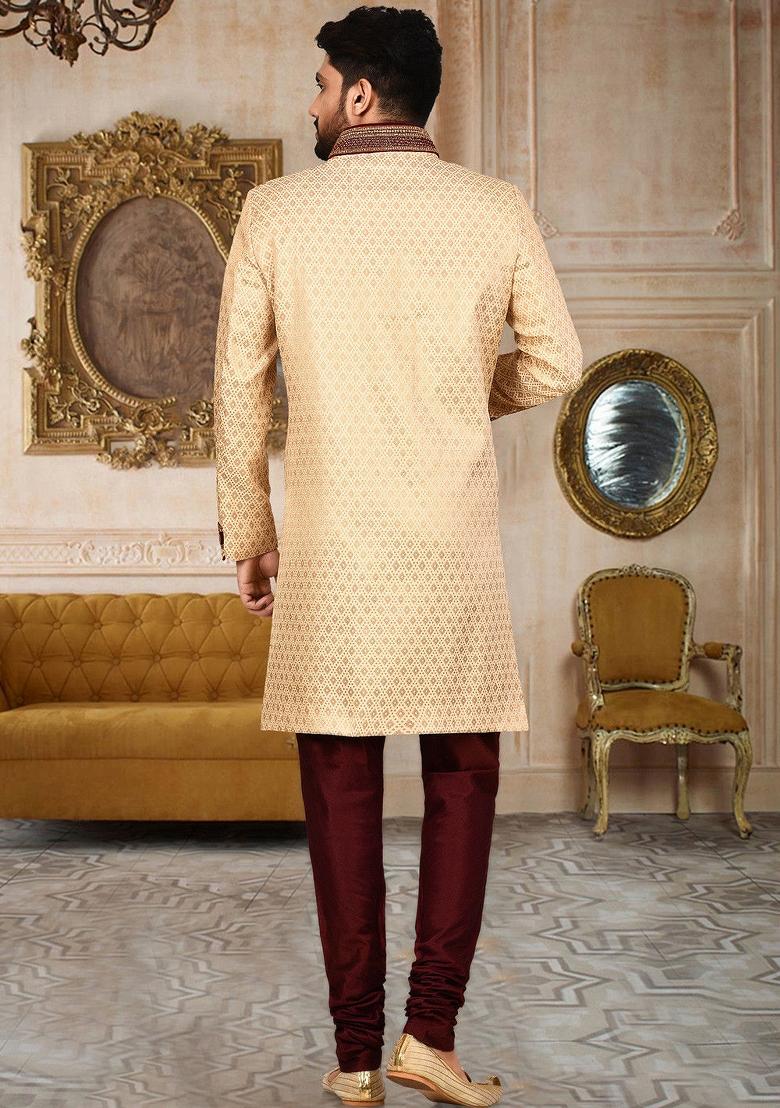 Gold Embroidered Jamewar Indo Western Sherwani For Men