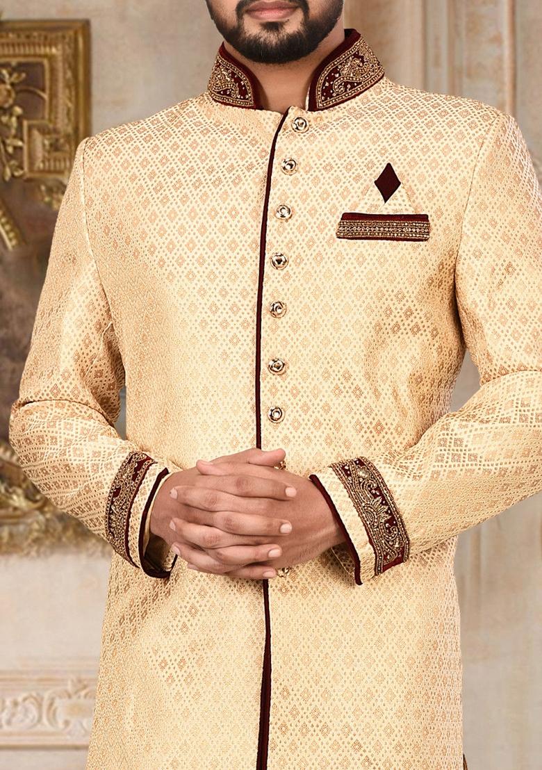 Gold Embroidered Jamewar Indo Western Sherwani For Men