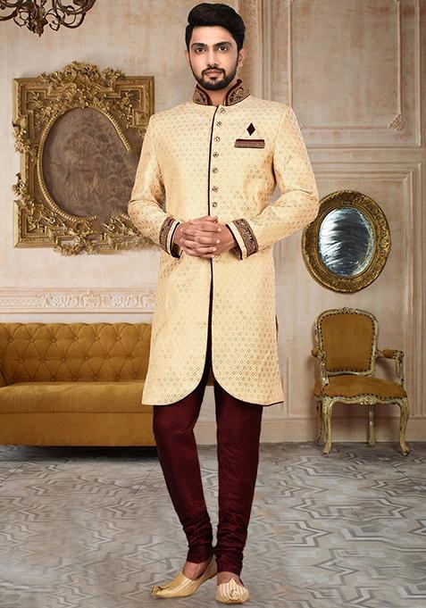 Gold Embroidered Jamewar Indo Western Sherwani For Men