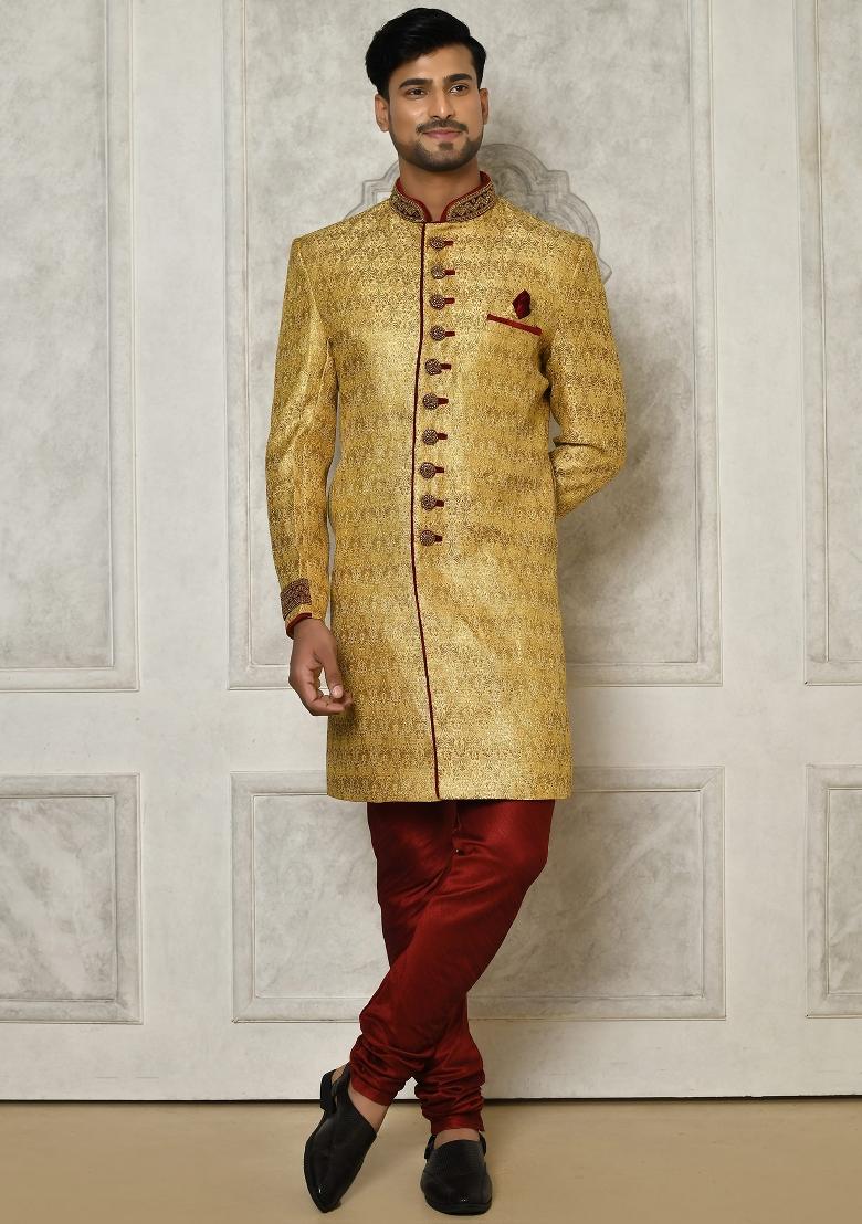 Gold Embroidered Jamewar Indo Western Sherwani For Men