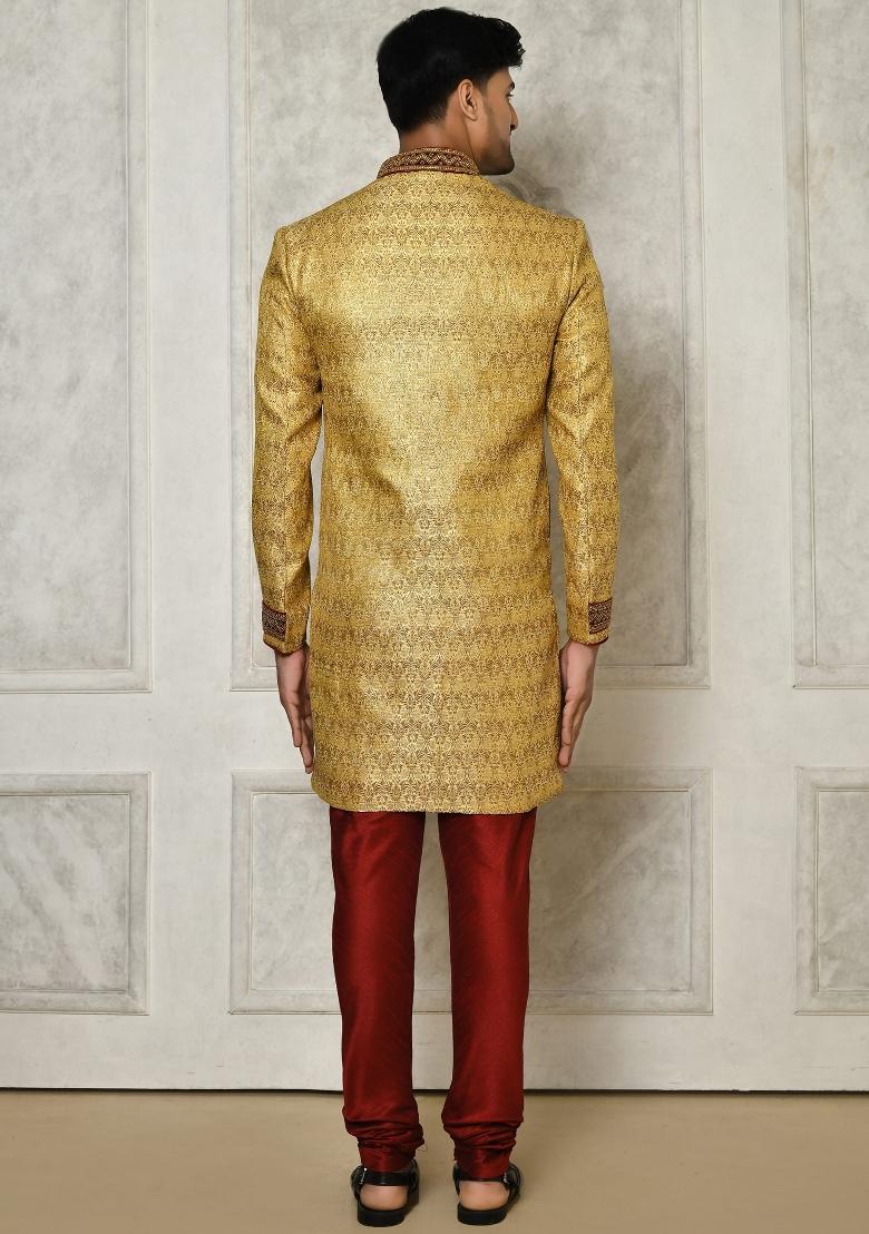 Gold Embroidered Jamewar Indo Western Sherwani For Men