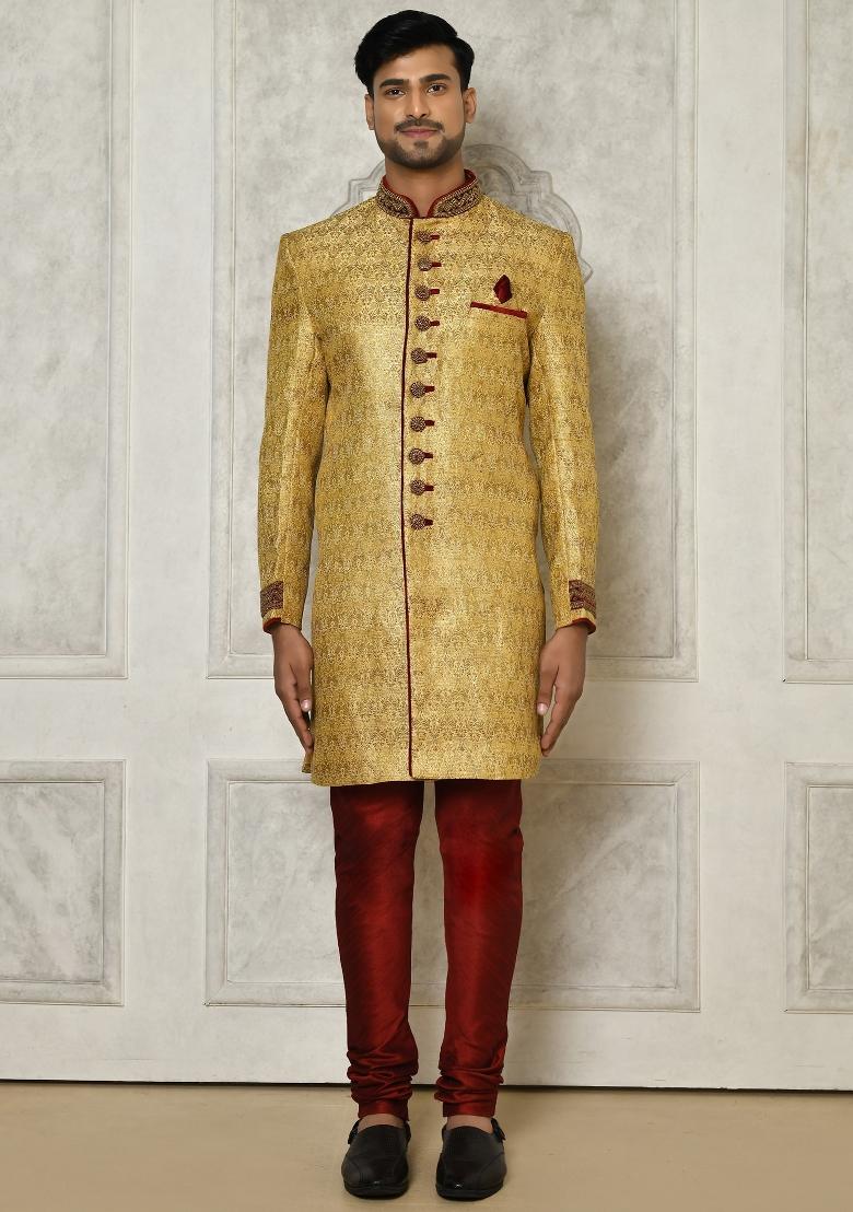 Gold Embroidered Jamewar Indo Western Sherwani For Men