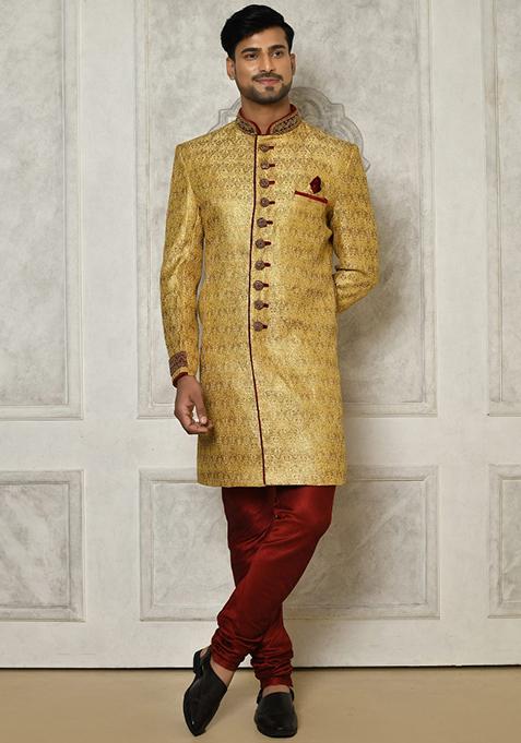 Gold Embroidered Jamewar Indo Western Sherwani For Men