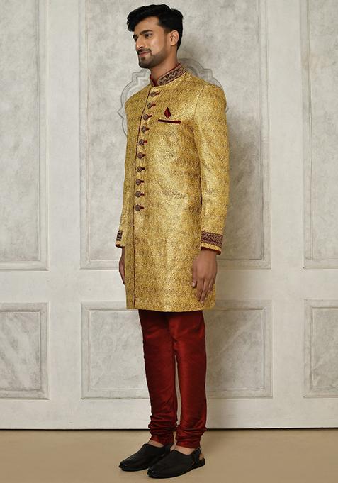 Gold Embroidered Jamewar Indo Western Sherwani For Men