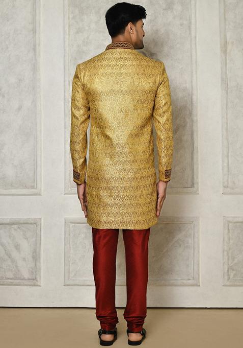 Gold Embroidered Jamewar Indo Western Sherwani For Men