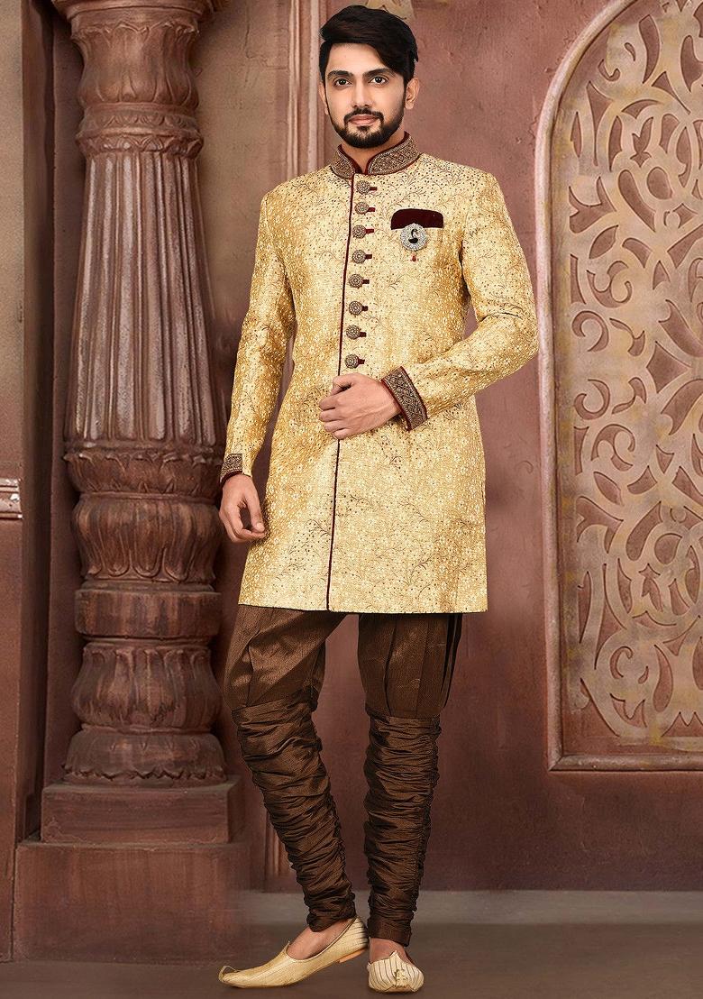 Gold Embroidered Jamewar Indo Western Sherwani For Men