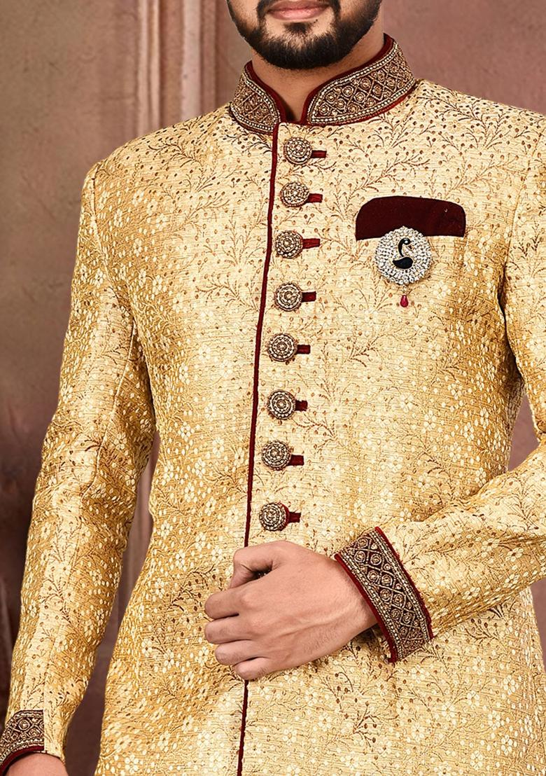 Gold Embroidered Jamewar Indo Western Sherwani For Men