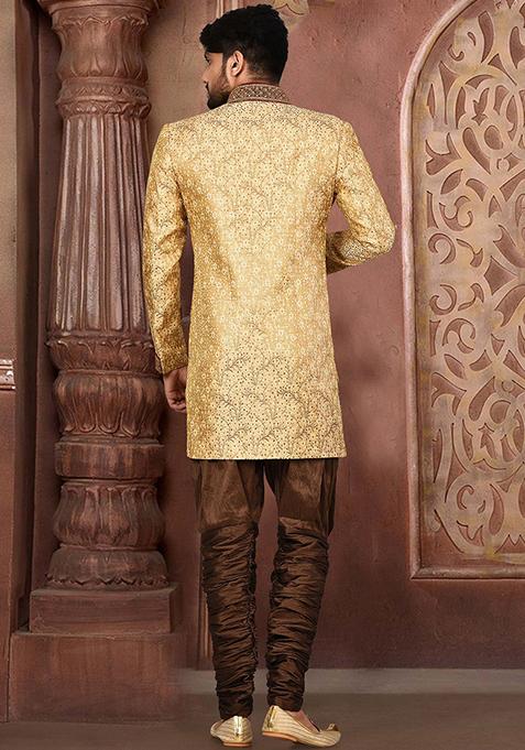 Gold Embroidered Jamewar Indo Western Sherwani For Men
