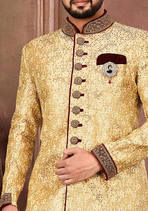 Gold Embroidered Jamewar Indo Western Sherwani For Men