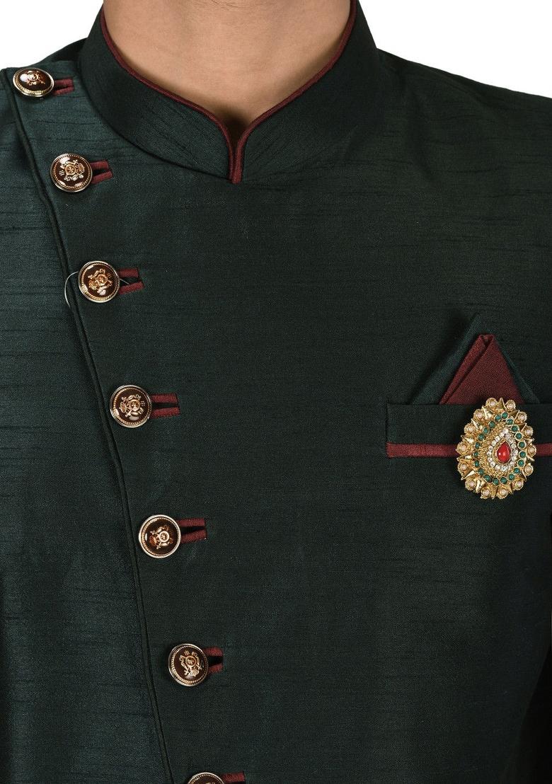 Bottle Green Embroidered Dupion Art Silk Indo Western Sherwani For Men