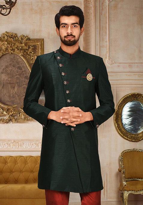 Bottle Green Embroidered Dupion Art Silk Indo Western Sherwani For Men