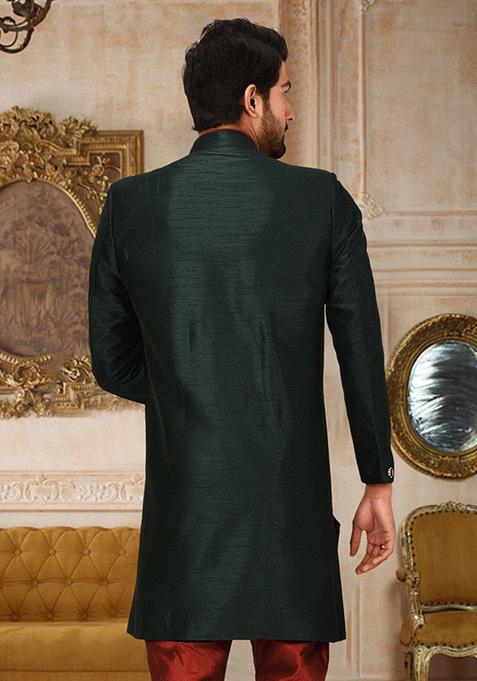 Bottle Green Embroidered Dupion Art Silk Indo Western Sherwani For Men