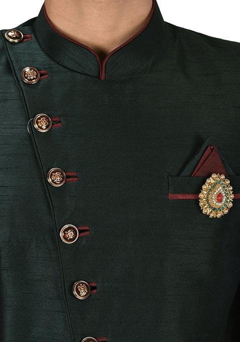 Bottle Green Embroidered Dupion Art Silk Indo Western Sherwani For Men