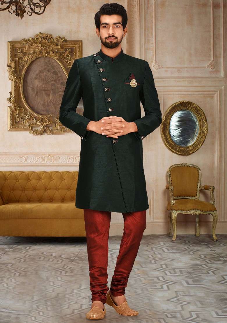 Bottle Green Embroidered Dupion Art Silk Indo Western Sherwani Set For Men - Indya