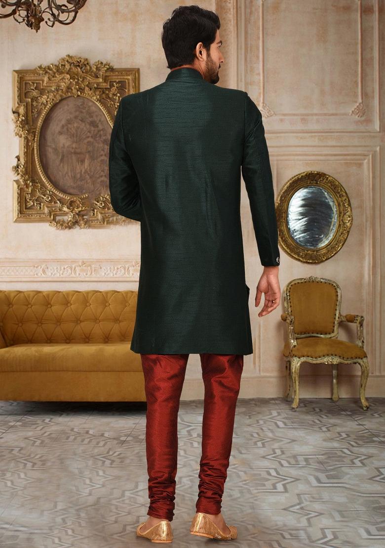 Bottle Green Embroidered Dupion Art Silk Indo Western Sherwani Set For Men