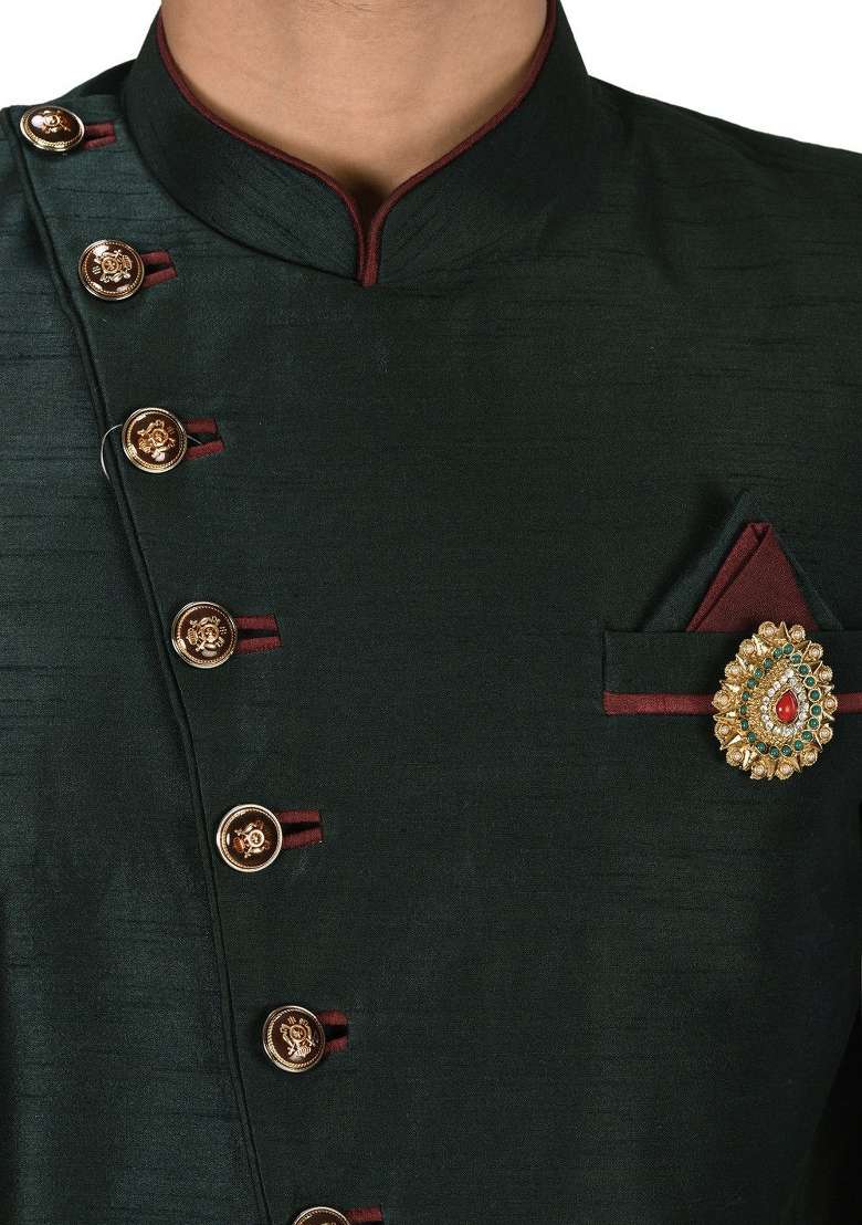 Bottle Green Embroidered Dupion Art Silk Indo Western Sherwani Set For Men - Indya