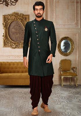 Bottle Green Embroidered Dupion Art Silk Indo Western Sherwani Set For Men