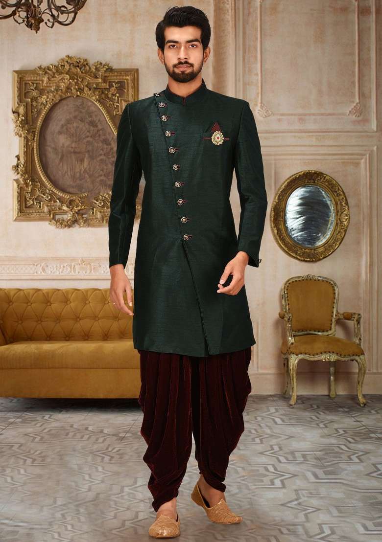 Bottle Green Embroidered Dupion Art Silk Indo Western Sherwani Set For Men - Indya