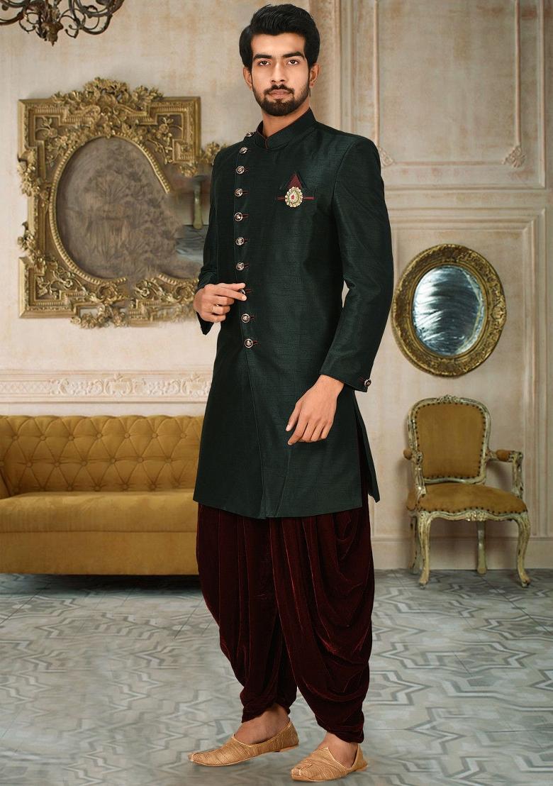 Bottle Green Embroidered Dupion Art Silk Indo Western Sherwani Set For Men