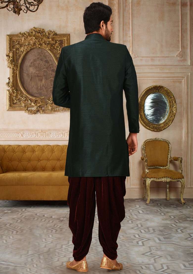Bottle Green Embroidered Dupion Art Silk Indo Western Sherwani Set For Men - Indya