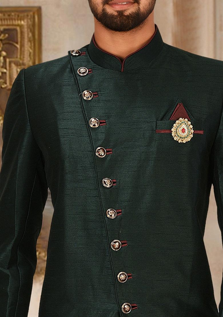 Bottle Green Embroidered Dupion Art Silk Indo Western Sherwani Set For Men