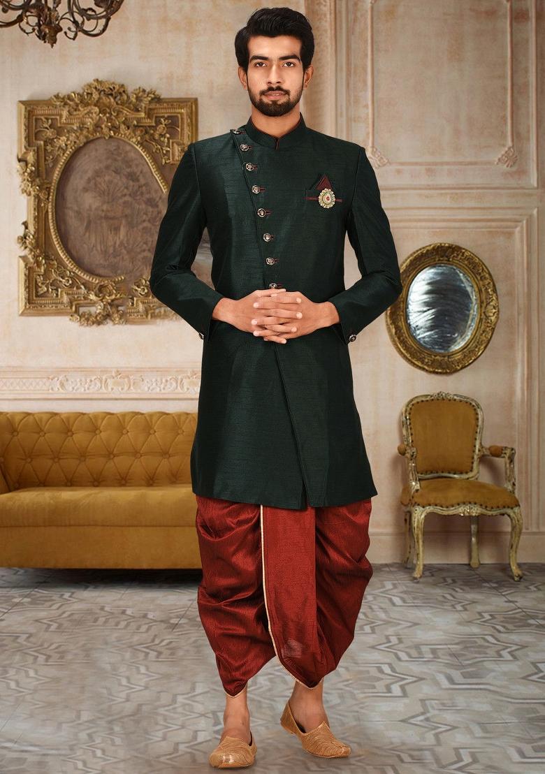 Bottle Green Embroidered Dupion Art Silk Indo Western Sherwani Set For Men