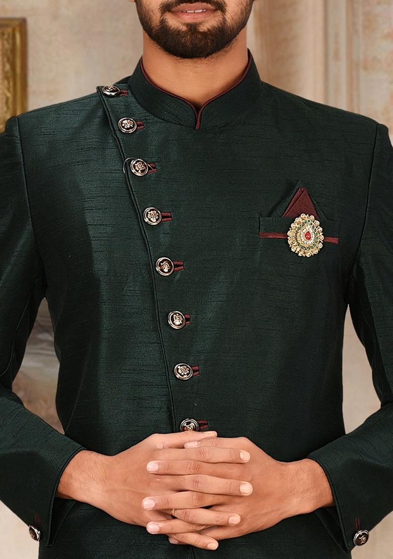 Bottle Green Embroidered Dupion Art Silk Indo Western Sherwani Set For Men