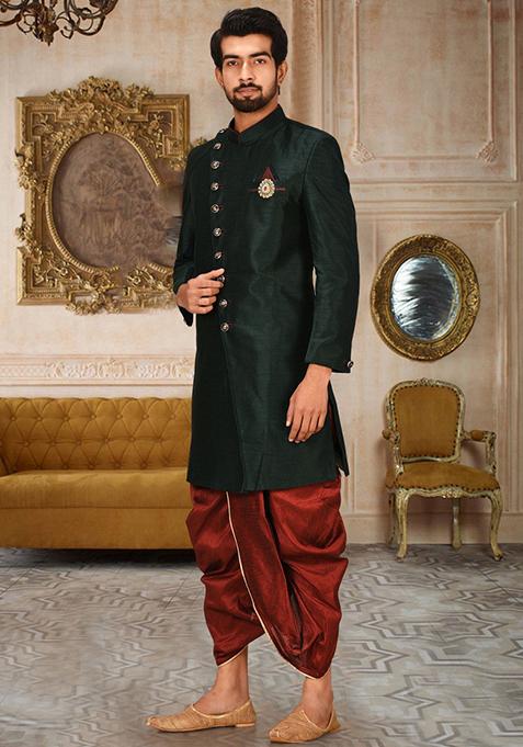 Bottle Green Embroidered Dupion Art Silk Indo Western Sherwani Set For Men