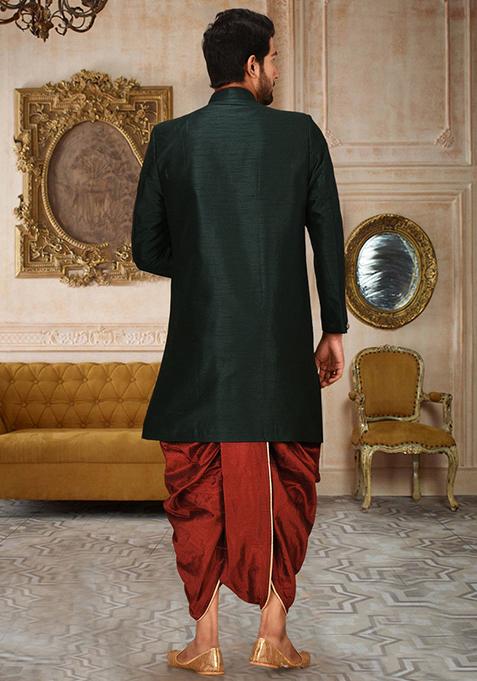 Bottle Green Embroidered Dupion Art Silk Indo Western Sherwani Set For Men