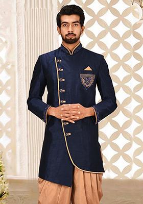 Navy Blue Embroidered Dupion Art Silk Indo Western Sherwani For Men