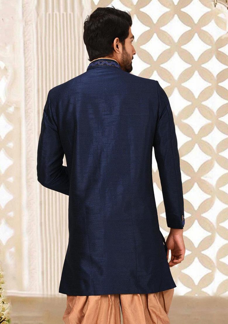 Navy Blue Embroidered Dupion Art Silk Indo Western Sherwani For Men