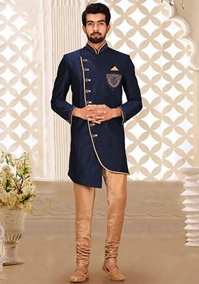 Navy Blue Embroidered Dupion Art Silk Indo Western Sherwani Set For Men