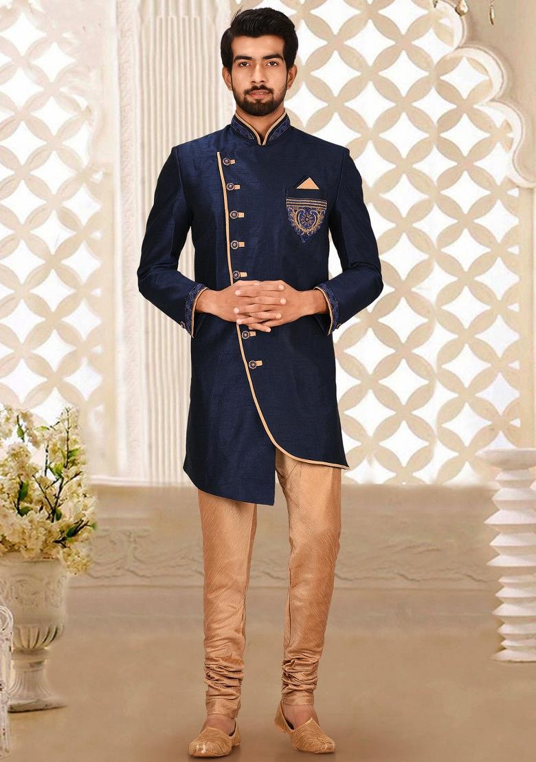 Navy Blue Embroidered Dupion Art Silk Indo Western Sherwani Set For Men