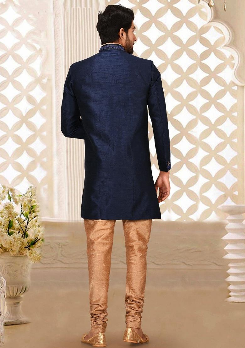 Navy Blue Embroidered Dupion Art Silk Indo Western Sherwani Set For Men
