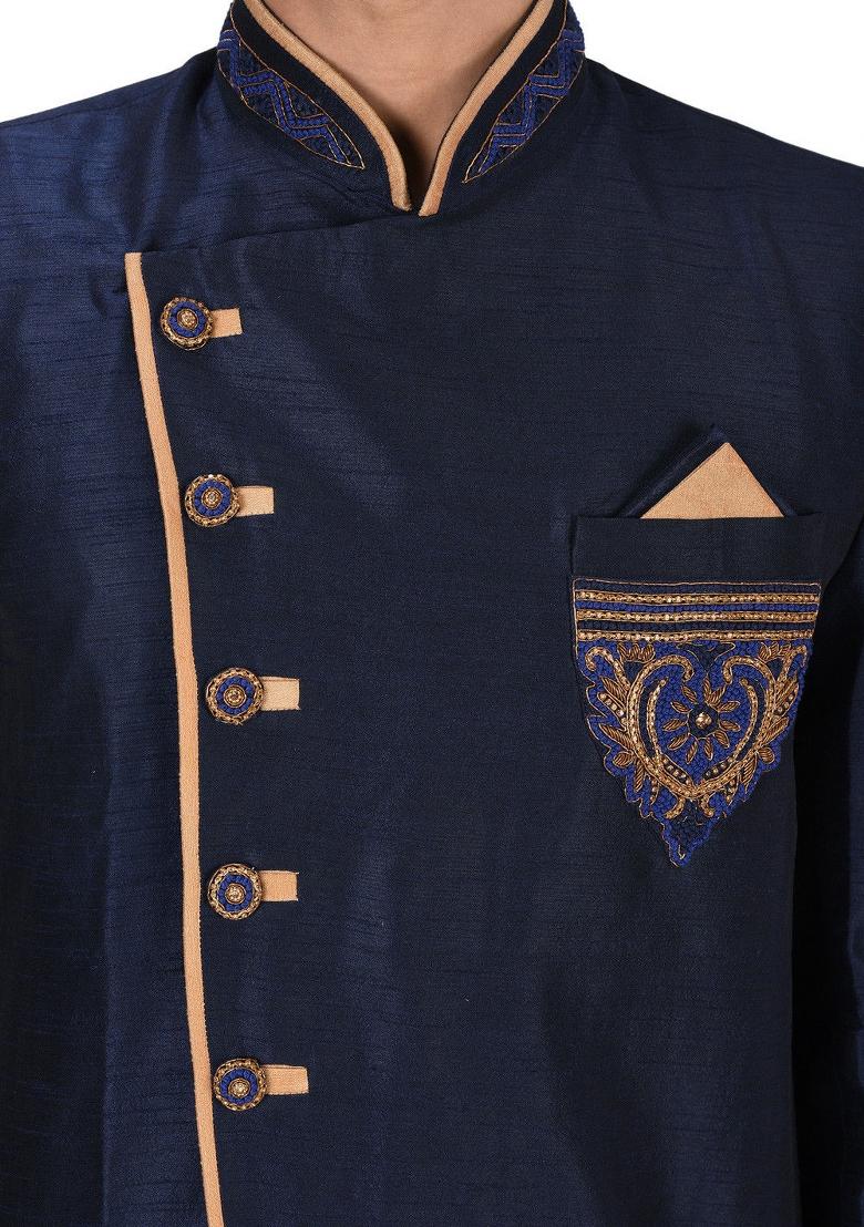 Navy Blue Embroidered Dupion Art Silk Indo Western Sherwani Set For Men