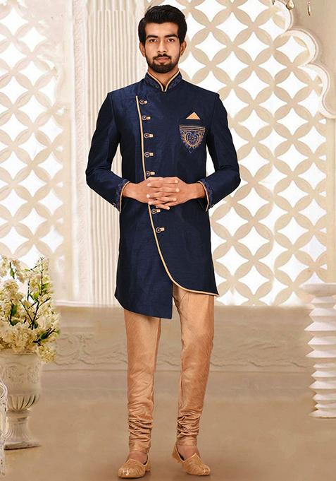 Navy Blue Embroidered Dupion Art Silk Indo Western Sherwani Set For Men