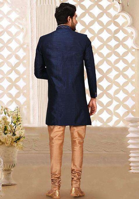 Navy Blue Embroidered Dupion Art Silk Indo Western Sherwani Set For Men