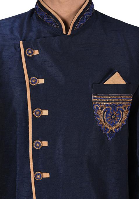 Navy Blue Embroidered Dupion Art Silk Indo Western Sherwani Set For Men
