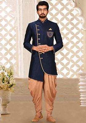 Navy Blue Embroidered Dupion Art Silk Indo Western Sherwani Set For Men