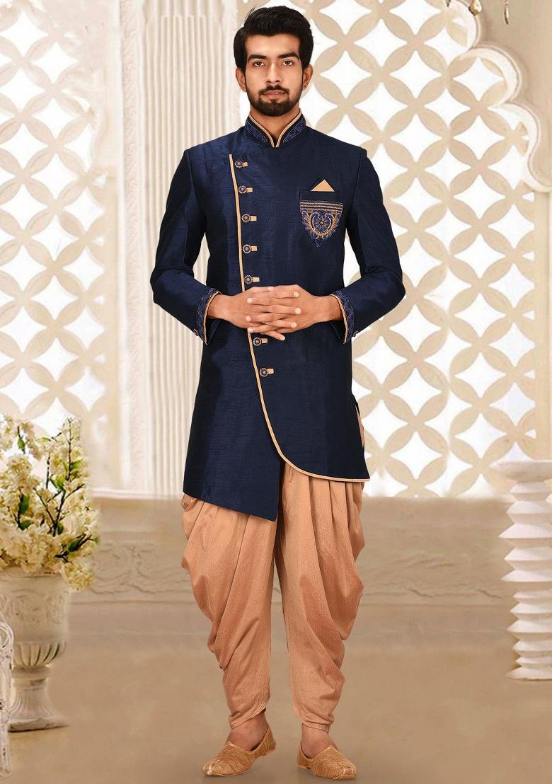 Navy Blue Embroidered Dupion Art Silk Indo Western Sherwani Set For Men