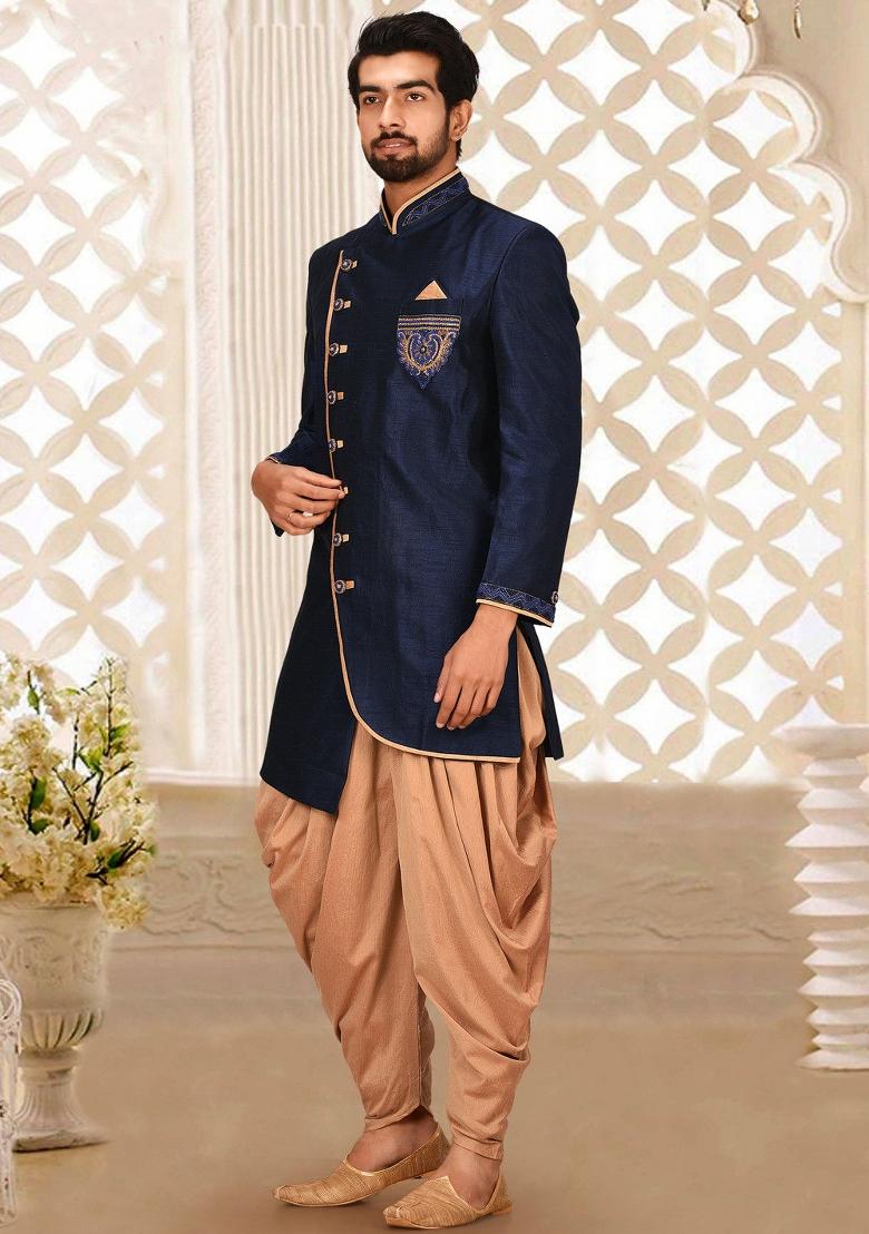 Navy Blue Embroidered Dupion Art Silk Indo Western Sherwani Set For Men