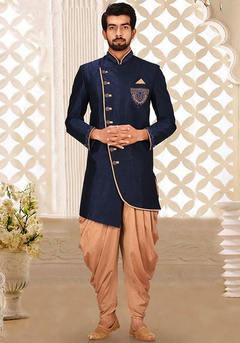 Navy Blue Embroidered Dupion Art Silk Indo Western Sherwani Set For Men
