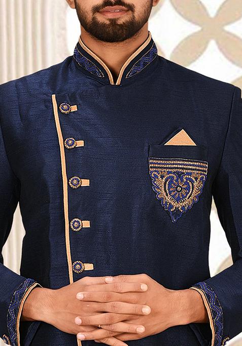 Navy Blue Embroidered Dupion Art Silk Indo Western Sherwani Set For Men