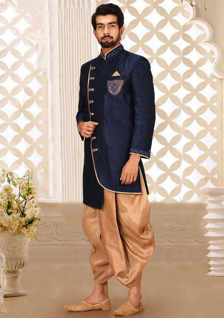 Navy Blue Embroidered Dupion Art Silk Indo Western Sherwani Set For Men