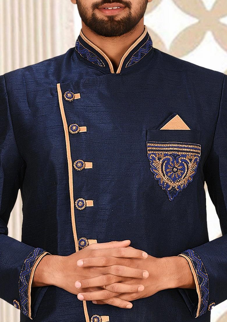 Navy Blue Embroidered Dupion Art Silk Indo Western Sherwani Set For Men