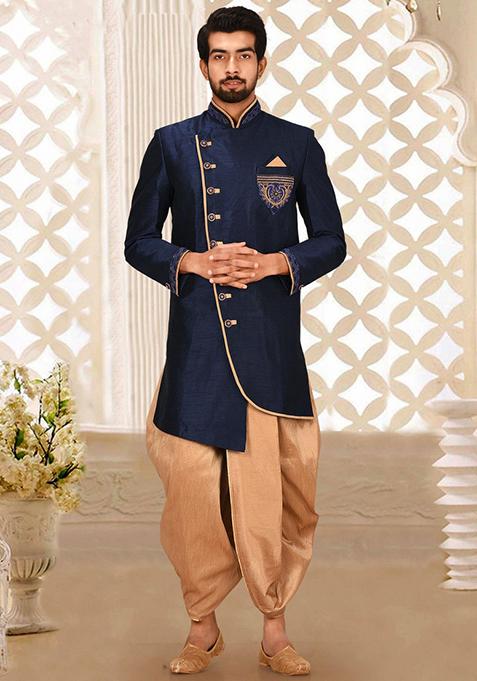 Navy Blue Embroidered Dupion Art Silk Indo Western Sherwani Set For Men