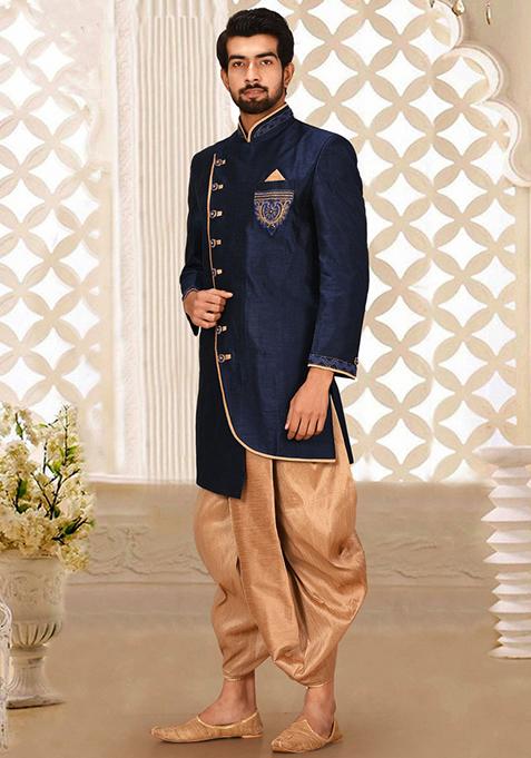 Navy Blue Embroidered Dupion Art Silk Indo Western Sherwani Set For Men